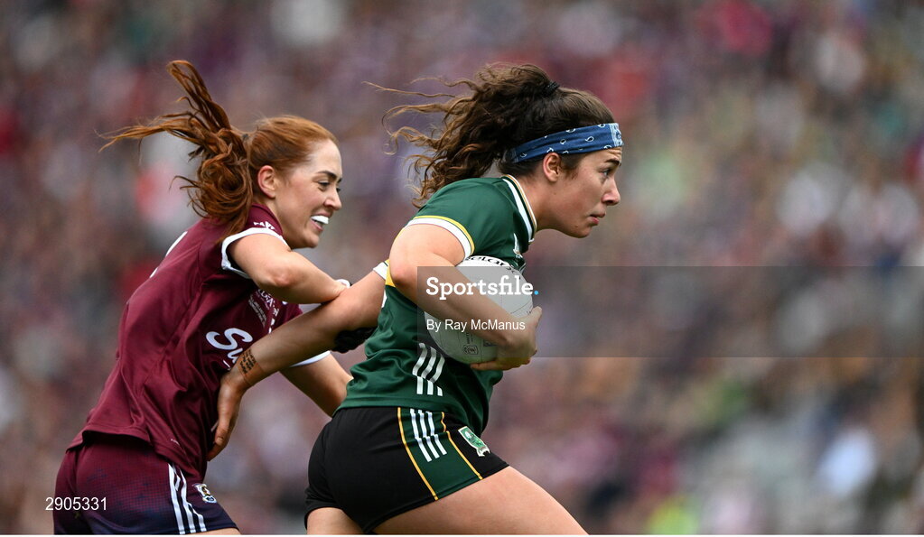 4 August 2024; Emma Dineen of Kerry is tackled by Sarah Ní Loingsigh of Galway during the TG4 All-Ireland Ladies Football Senior Championship final match between Galway and Kerry at Croke Park, Dublin. Photo by Ray McManus/Sportsfile