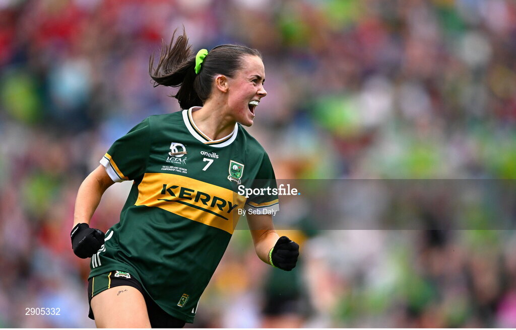 4 August 2024; Aoife Dillane of Kerry celebrates after scoring her side's first goal during the TG4 All-Ireland Ladies Football Senior Championship final match between Galway and Kerry at Croke Park, Dublin. Photo by Seb Daly/Sportsfile