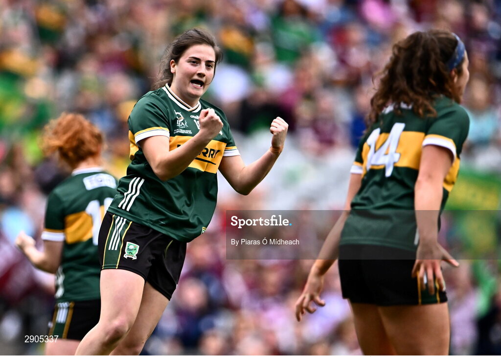 4 August 2024; Hannah O'Donoghue of Kerry celebrates after scoring her side's second goal during the TG4 All-Ireland Ladies Football Senior Championship final match between Galway and Kerry at Croke Park in Dublin. Photo by Piaras Ó Mídheach/Sportsfile