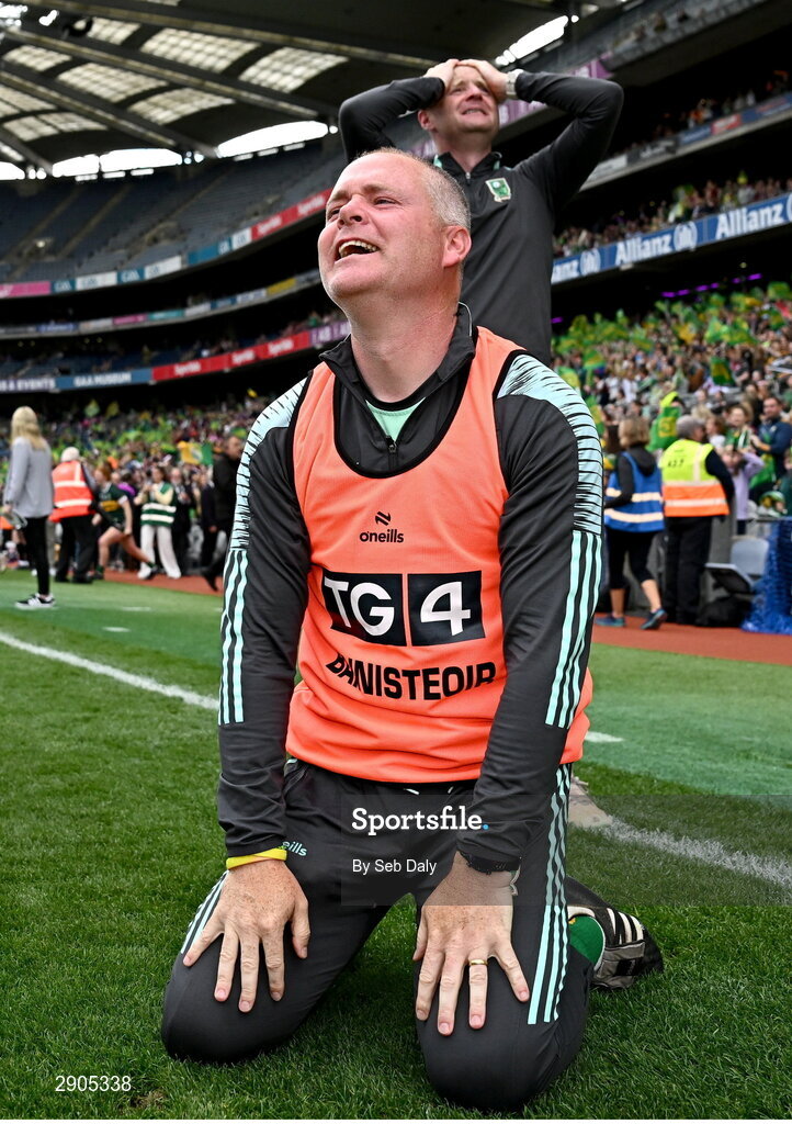 4 August 2024; Kerry manager Declan Quill celebrates at the final whistle after his side's victory in the TG4 All-Ireland Ladies Football Senior Championship final match between Galway and Kerry at Croke Park, Dublin. Photo by Seb Daly/Sportsfile