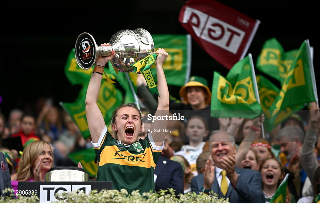 4 August 2024; Kerry captain Niamh Carmody lifts the Brendan Martin cup after the TG4 All-Ireland Ladies Football Senior Championship final match between Galway and Kerry at Croke Park in Dublin. Photo by Seb Daly/Sportsfile