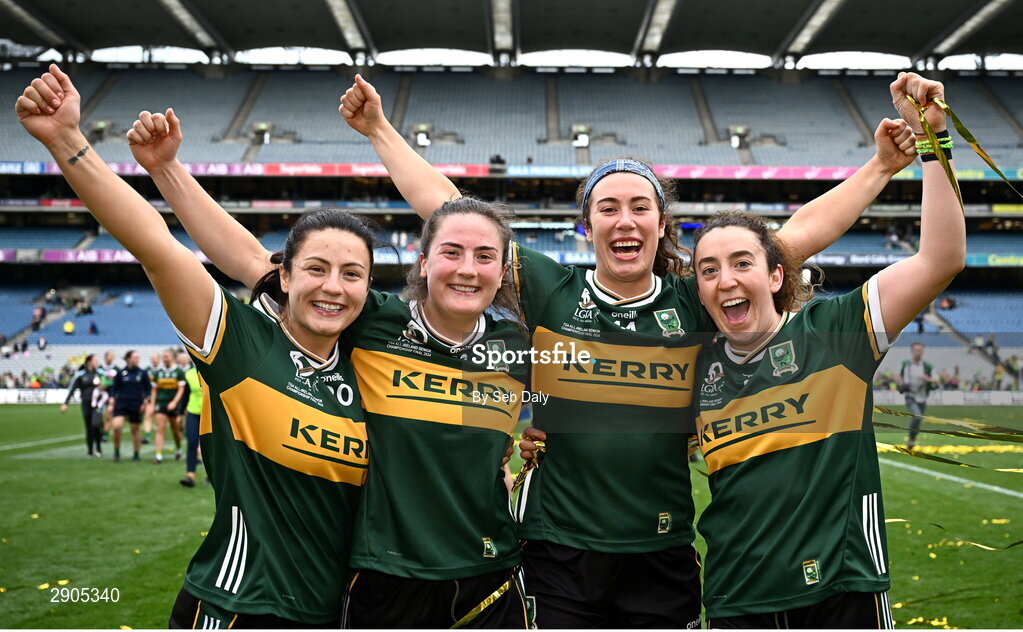 4 August 2024; Kerry players, from left, Fay O'Donoghue, Hannah O'Donoghue, Emma Dineen and Aishling O'Connell celebrate after their side's victory in the TG4 All-Ireland Ladies Football Senior Championship final match between Galway and Kerry at Croke Park, Dublin. Photo by Seb Daly/Sportsfile