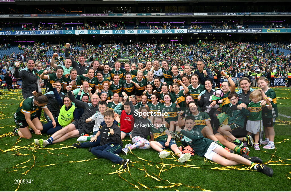 4 August 2024; The kerry squad, captain Niamh Carmody and officials celebrate with the Brendan Martin cup after the TG4 All-Ireland Ladies Football Senior Championship final match between Galway and Kerry at Croke Park, Dublin. Photo by Ray McManus/Sportsfile