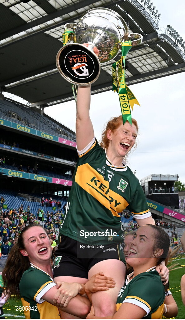 4 August 2024; Louise Ní Mhuircheartaigh of Kerry celebrates with the the Brendan Martin cup and teammates after their side's victory in the TG4 All-Ireland Ladies Football Senior Championship final match between Galway and Kerry at Croke Park, Dublin. Photo by Seb Daly/Sportsfile