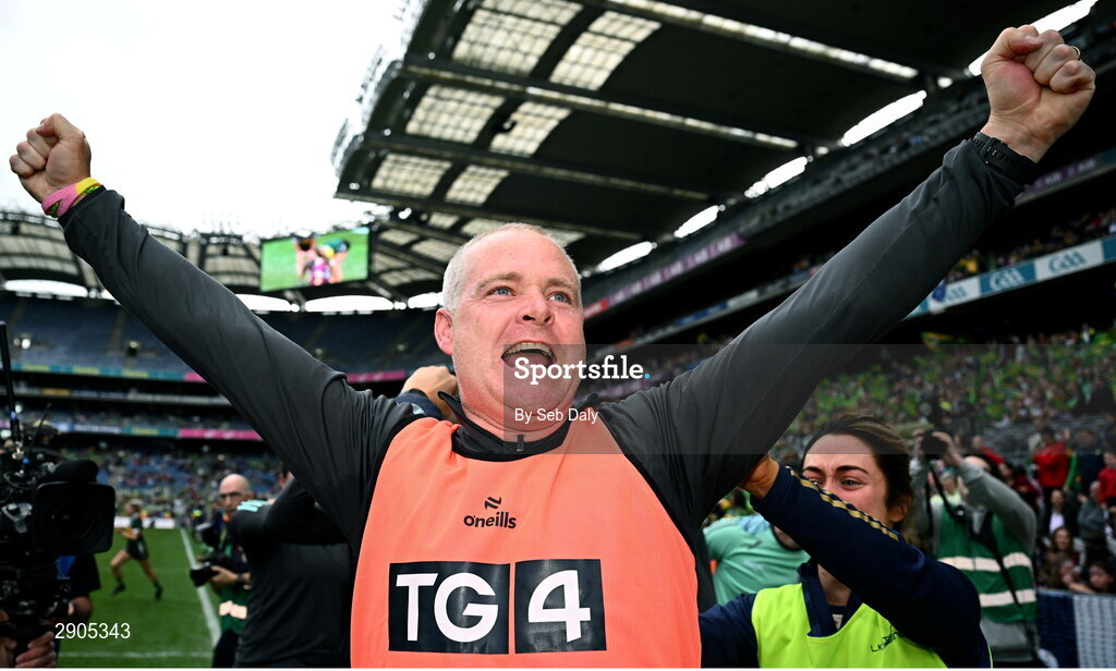4 August 2024; Kerry manager Declan Quill celebrates at the final whistle after his side's victory in the TG4 All-Ireland Ladies Football Senior Championship final match between Galway and Kerry at Croke Park, Dublin. Photo by Seb Daly/Sportsfile