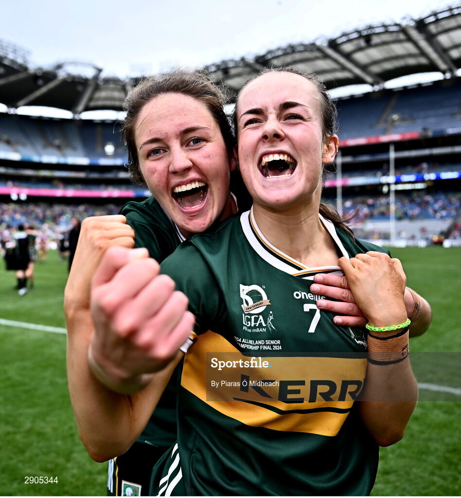 4 August 2024; Kerry players Aoife Dillane, right, and Mary O'Connell celebrates after their side's victory in the TG4 All-Ireland Ladies Football Senior Championship final match between Galway and Kerry at Croke Park in Dublin. Photo by Piaras Ó Mídheach/Sportsfile