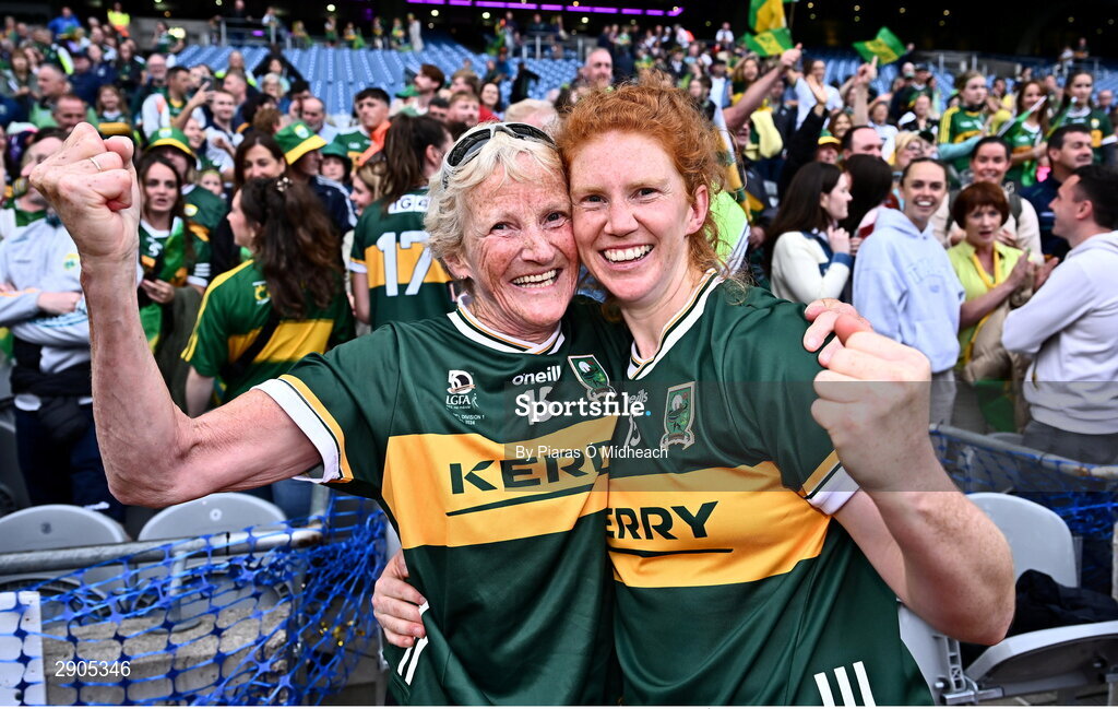 4 August 2024; Louise Ní Mhuircheartaigh of Kerry celebrates with her mother Noreen after victory in the TG4 All-Ireland Ladies Football Senior Championship final match between Galway and Kerry at Croke Park in Dublin. Photo by Piaras Ó Mídheach/Sportsfile