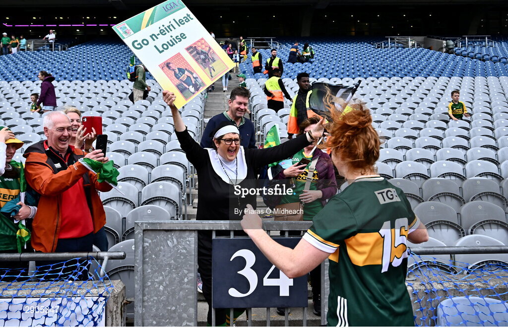 4 August 2024; Louise Ní Mhuircheartaigh of Kerry celebrates with her cousin Geraldine Cosai after the the TG4 All-Ireland Ladies Football Senior Championship final match between Galway and Kerry at Croke Park in Dublin. Photo by Piaras Ó Mídheach/Sportsfile