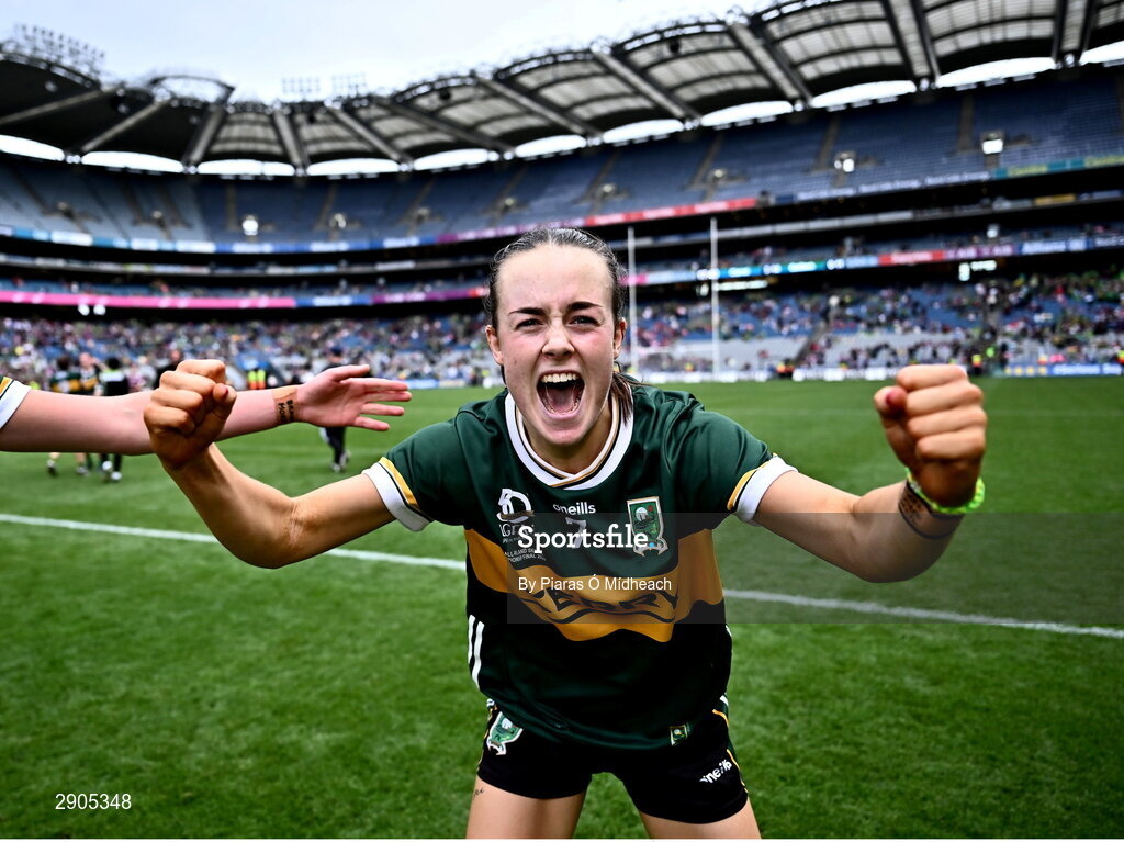 4 August 2024; Aoife Dillane of Kerry celebrates after her side's victory in the TG4 All-Ireland Ladies Football Senior Championship final match between Galway and Kerry at Croke Park in Dublin. Photo by Piaras Ó Mídheach/Sportsfile