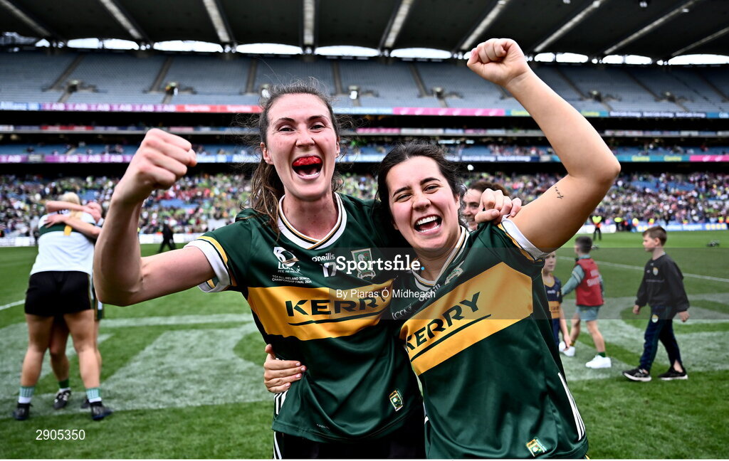 4 August 2024; Kerry players Lorraine Scanlon, left, and Jadyn Lucey celebrate after their side's victory in the TG4 All-Ireland Ladies Football Senior Championship final match between Galway and Kerry at Croke Park in Dublin. Photo by Piaras Ó Mídheach/Sportsfile