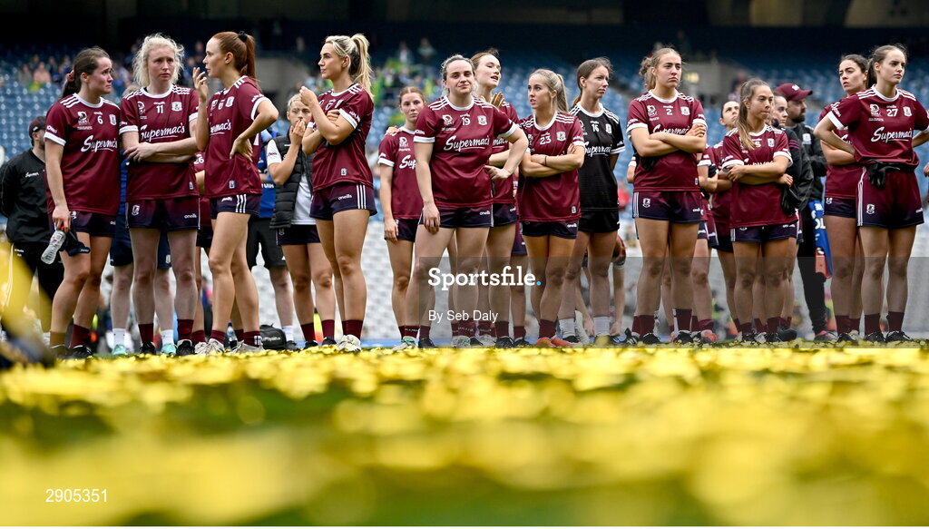 4 August 2024; Galway players after their side's defeat in the TG4 All-Ireland Ladies Football Senior Championship final match between Galway and Kerry at Croke Park, Dublin. Photo by Seb Daly/Sportsfile