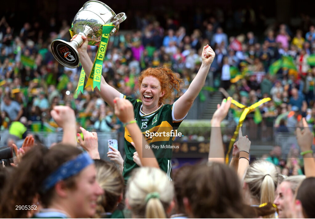 4 August 2024; Louise Ní Mhuircheartaigh of Kerry with the Brendan Martin cup after the TG4 All-Ireland Ladies Football Senior Championship final match between Galway and Kerry at Croke Park, Dublin. Photo by Ray McManus/Sportsfile
