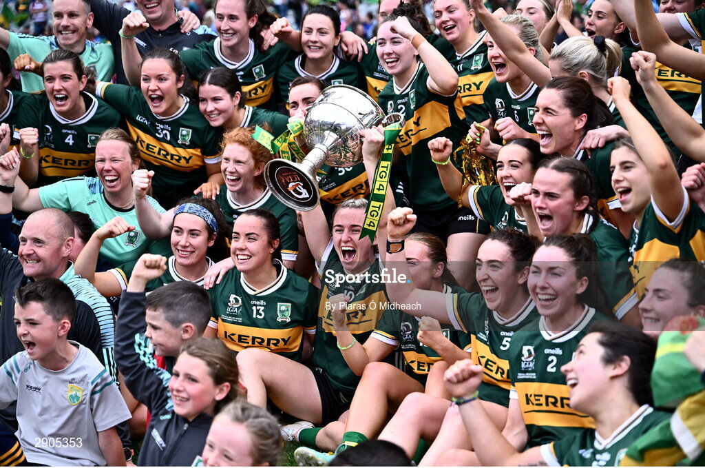 4 August 2024; Niamh Carmody of Kerry holds the Brendan Martin Cup aloft during the celebrations after her side's victory in the TG4 All-Ireland Ladies Football Senior Championship final match between Galway and Kerry at Croke Park in Dublin. Photo by Piaras Ó Mídheach/Sportsfile