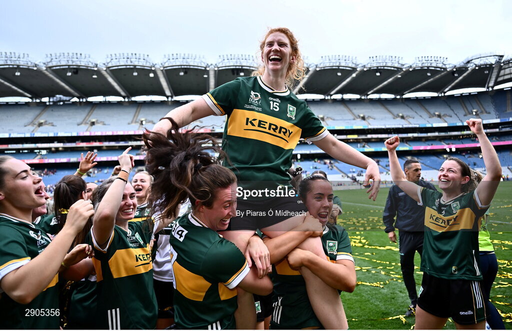 4 August 2024; Louise Ní Mhuircheartaigh of Kerry celebrates after the TG4 All-Ireland Ladies Football Senior Championship final match between Galway and Kerry at Croke Park in Dublin. Photo by Piaras Ó Mídheach/Sportsfile