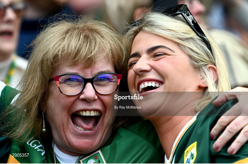 4 August 2024; Kerry supporters, in the Cusack Stand, celebrate a score during the TG4 All-Ireland Ladies Football Senior Championship final match between Galway and Kerry at Croke Park, Dublin. Photo by Ray McManus/Sportsfile