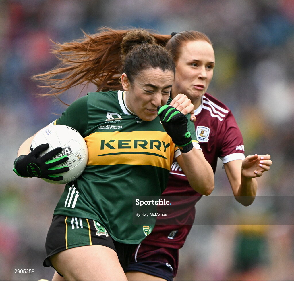4 August 2024; Aishling O'Connell of Kerry is tackled by Olivia Divilly of Galway during the TG4 All-Ireland Ladies Football Senior Championship final match between Galway and Kerry at Croke Park, Dublin. Photo by Ray McManus/Sportsfile
