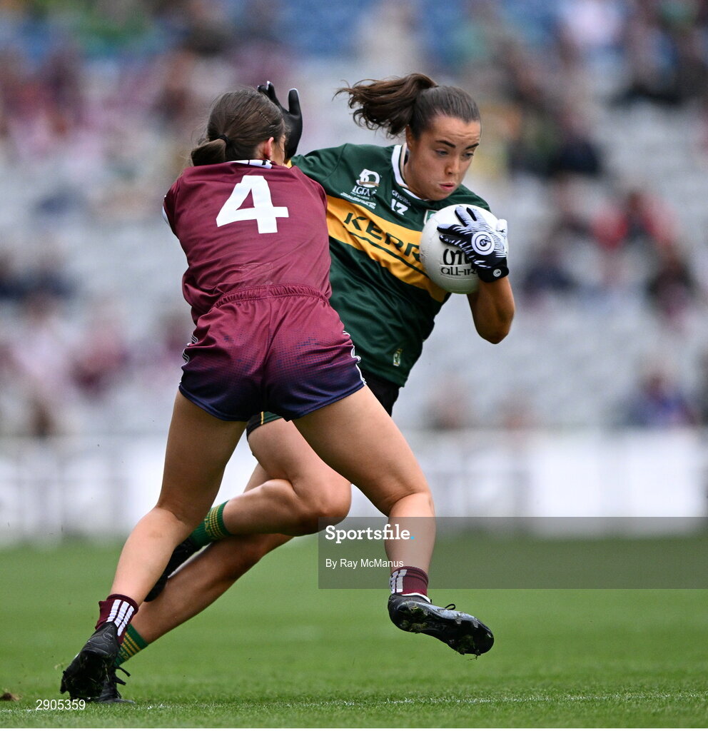4 August 2024; Danielle O'Leary of Kerry is tackled by Kate Geraghty of Galway during the TG4 All-Ireland Ladies Football Senior Championship final match between Galway and Kerry at Croke Park, Dublin. Photo by Ray McManus/Sportsfile