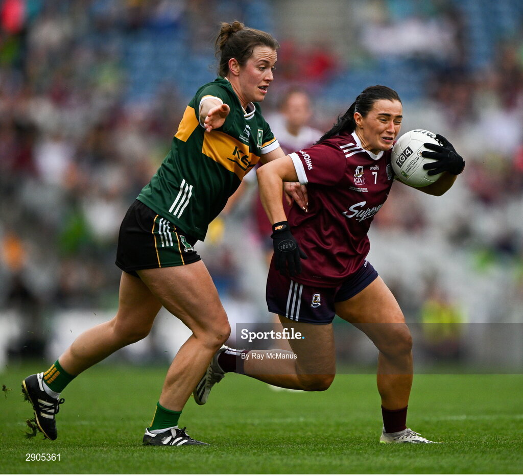 4 August 2024; Charlotte Cooney of Galway is tackled by Anna Galvin of Kerry during the TG4 All-Ireland Ladies Football Senior Championship final match between Galway and Kerry at Croke Park, Dublin. Photo by Ray McManus/Sportsfile
