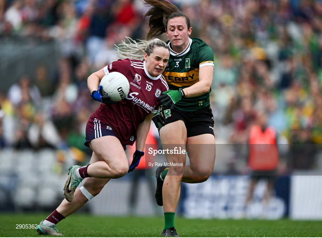 4 August 2024; Andrea Trill of Galway is tackled by Kayleigh Cronin of Kerry during the TG4 All-Ireland Ladies Football Senior Championship final match between Galway and Kerry at Croke Park, Dublin. Photo by Ray McManus/Sportsfile
