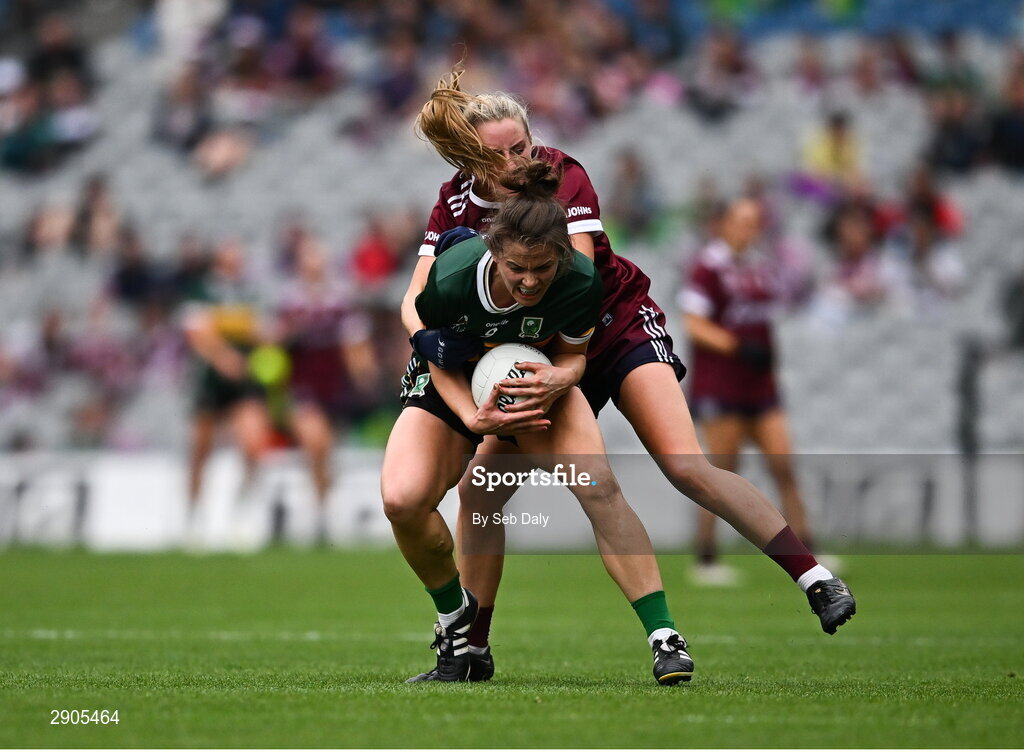 4 August 2024; Anna Galvin of Kerry in action against Ailbhe Davoren of Galway during the TG4 All-Ireland Ladies Football Senior Championship final match between Galway and Kerry at Croke Park, Dublin. Photo by Seb Daly/Sportsfile