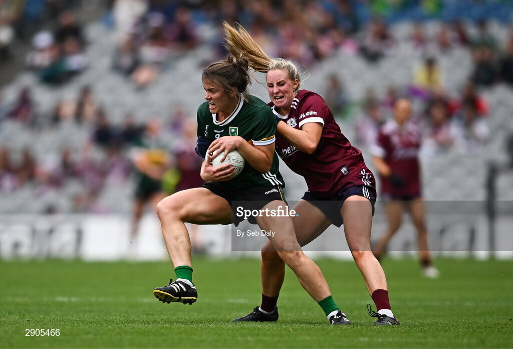4 August 2024; Anna Galvin of Kerry in action against Ailbhe Davoren of Galway during the TG4 All-Ireland Ladies Football Senior Championship final match between Galway and Kerry at Croke Park, Dublin. Photo by Seb Daly/Sportsfile