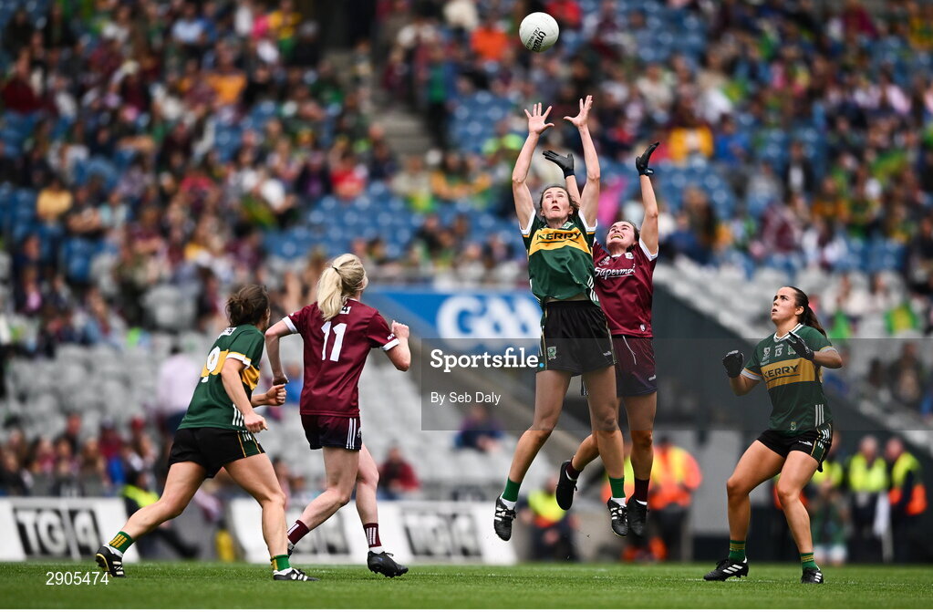4 August 2024; Lorraine Scanlon of Kerry in action against Nicola Ward of Galway during the TG4 All-Ireland Ladies Football Senior Championship final match between Galway and Kerry at Croke Park, Dublin. Photo by Seb Daly/Sportsfile