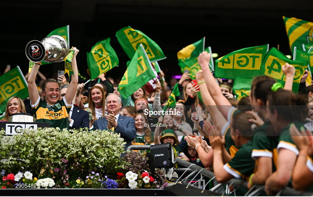 4 August 2024; Kerry captain Niamh Carmody lifts the Brendan Martin cup after her side's victory in the TG4 All-Ireland Ladies Football Senior Championship final match between Galway and Kerry at Croke Park, Dublin. Photo by Seb Daly/Sportsfile