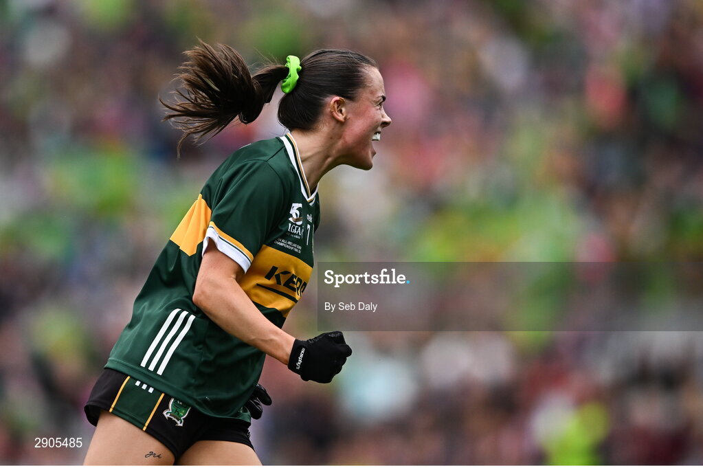 4 August 2024; Aoife Dillane of Kerry celebrates after scoring her side's first goal during the TG4 All-Ireland Ladies Football Senior Championship final match between Galway and Kerry at Croke Park, Dublin. Photo by Seb Daly/Sportsfile
