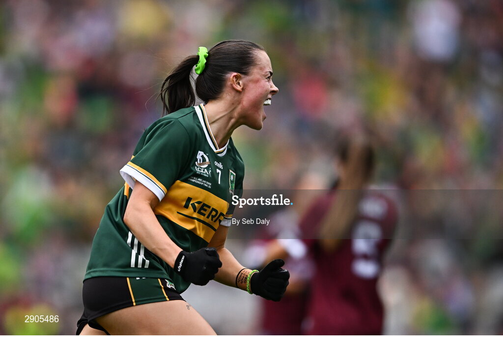 4 August 2024; Aoife Dillane of Kerry celebrates after scoring her side's first goal during the TG4 All-Ireland Ladies Football Senior Championship final match between Galway and Kerry at Croke Park, Dublin. Photo by Seb Daly/Sportsfile