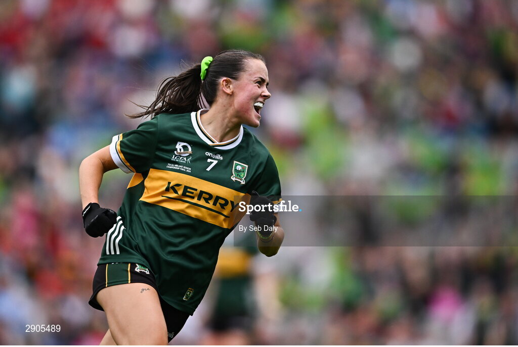 4 August 2024; Aoife Dillane of Kerry celebrates after scoring her side's first goal during the TG4 All-Ireland Ladies Football Senior Championship final match between Galway and Kerry at Croke Park, Dublin. Photo by Seb Daly/Sportsfile
