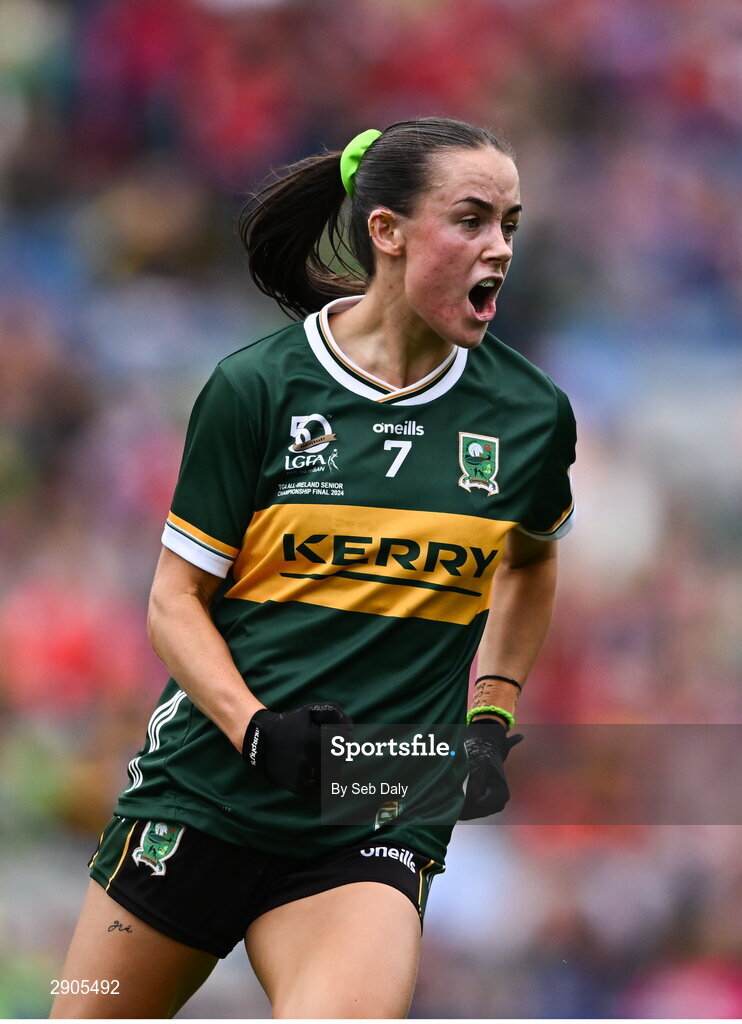 4 August 2024; Aoife Dillane of Kerry celebrates after scoring her side's first goal during the TG4 All-Ireland Ladies Football Senior Championship final match between Galway and Kerry at Croke Park, Dublin. Photo by Seb Daly/Sportsfile