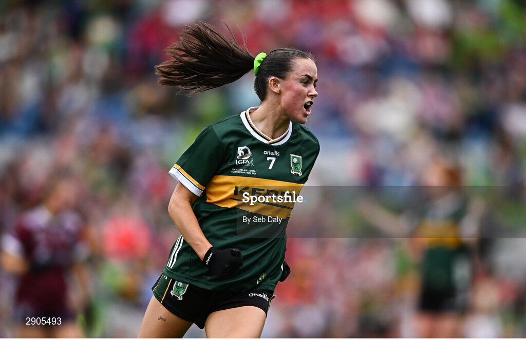 4 August 2024; Aoife Dillane of Kerry celebrates after scoring her side's first goal during the TG4 All-Ireland Ladies Football Senior Championship final match between Galway and Kerry at Croke Park, Dublin. Photo by Seb Daly/Sportsfile