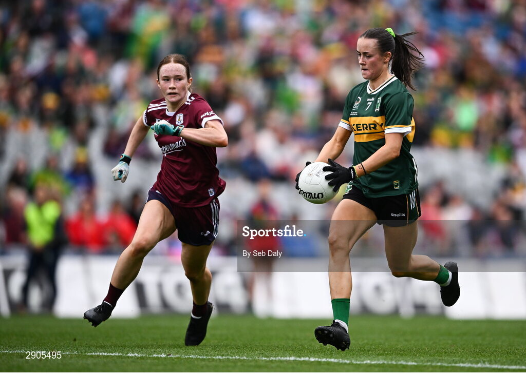 4 August 2024; Aoife Dillane of Kerry in action against Niamh Divilly of Galway on her way to scoring her side's first goal during the TG4 All-Ireland Ladies Football Senior Championship final match between Galway and Kerry at Croke Park, Dublin. Photo by Seb Daly/Sportsfile