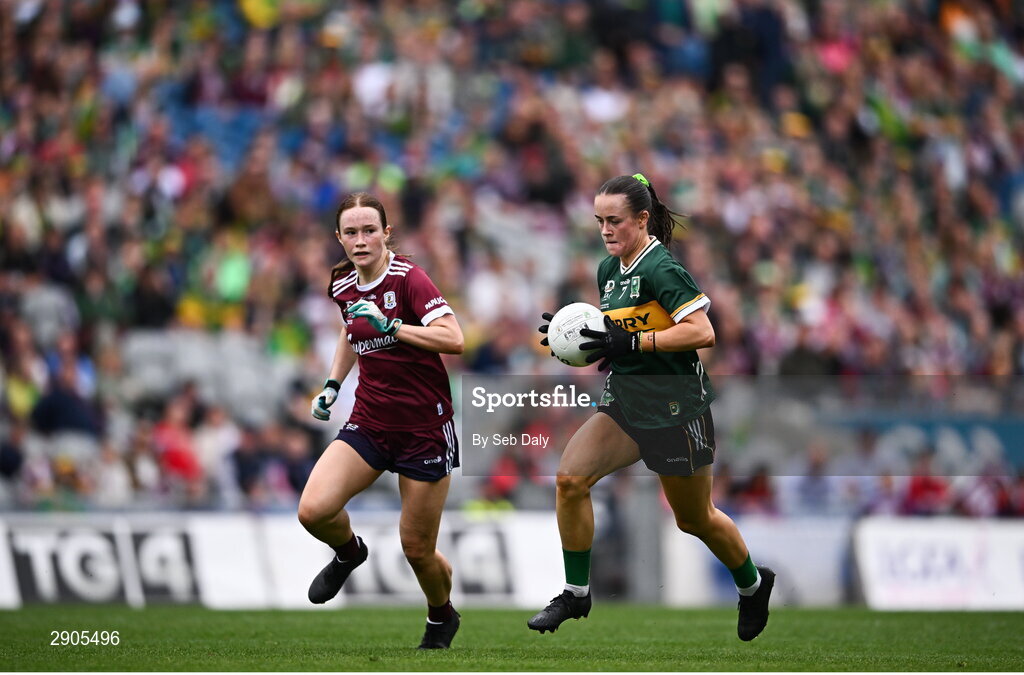 4 August 2024; Aoife Dillane of Kerry in action against Niamh Divilly of Galway on her way to scoring her side's first goal during the TG4 All-Ireland Ladies Football Senior Championship final match between Galway and Kerry at Croke Park, Dublin. Photo by Seb Daly/Sportsfile