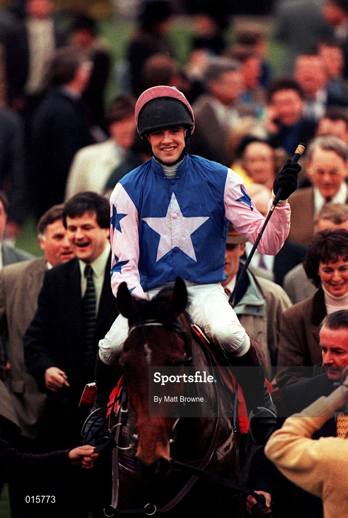 18 March 1998; Ruby Walsh celebrates on Alexander Banquet after winning the Champion Bumper race during day two of the Cheltenham Racing Festival at Prestbury Park in Cheltenham, England. Photo by Matt Browne/Sportsfile