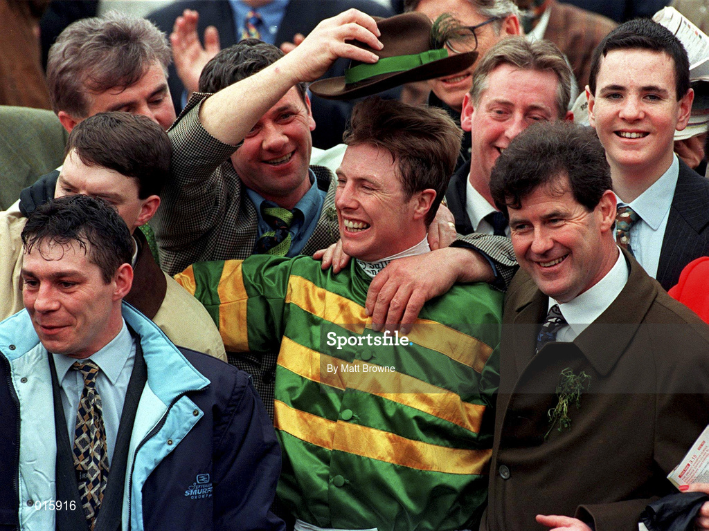 18 March 1998; Jockey Charlie Swan and owner JP McManus, right, after winning the Smurfit Champion Hurdle Challenge race with Istabraq during day two of the Cheltenham Racing Festival at Prestbury Park in Cheltenham, England. Photo by Matt Browne/Sportsfile