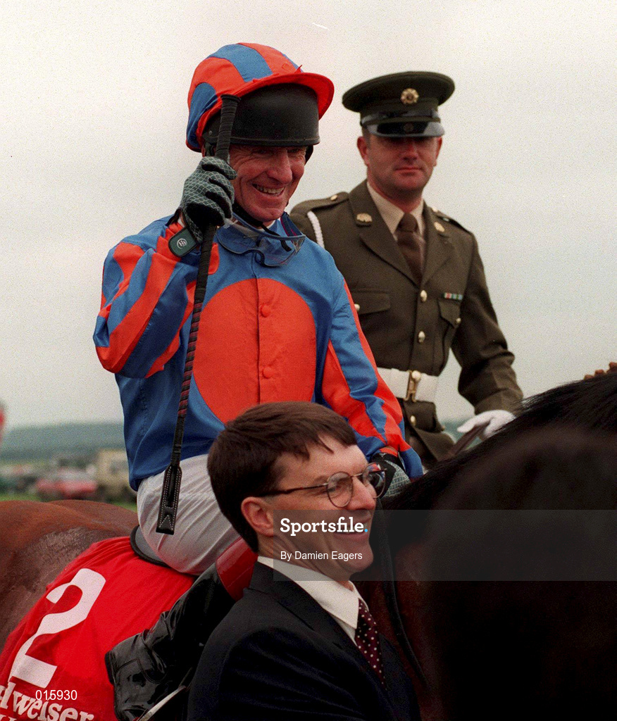 29 June 1997; Jockey Christy Roche and trainer Aidan O'Brien with Desert King after winning the Budweiser Irish Derby at The Curragh racecourse in Kildare. Photo by Damien Eagers/Sportsfile