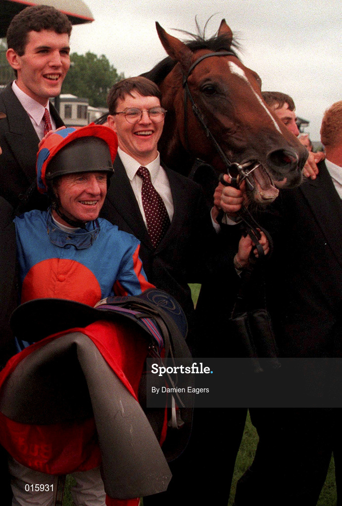 29 June 1997; Jockey Christy Roche and trainer Aidan O'Brien with Desert King after winning the Budweiser Irish Derby at The Curragh racecourse in Kildare. Photo by Damien Eagers/Sportsfile