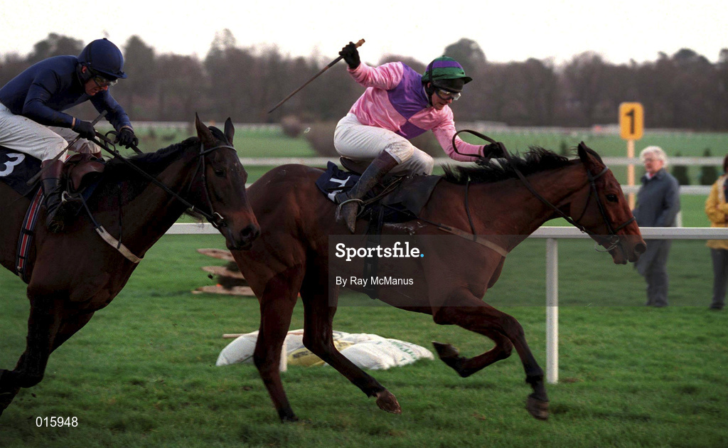 26 December 1998; Colonial Sunset, with David Casey up, race ahead of Hang 'Em High, with Charlie Swan up, on their way to winning the Kerry Spring Maiden Hurdle during the Leopardstown Christmas Festival Day One at Leopardstown Racecourse in Dublin. Photo by Ray McManus/Sportsfile