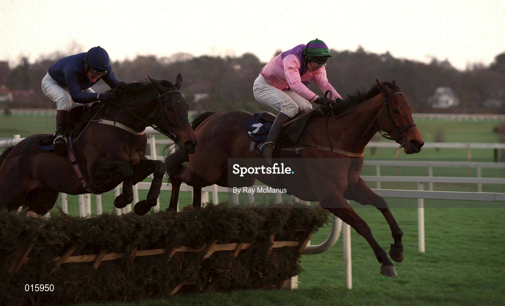 26 December 1998; Eventual winner Colonial Sunset, with David Casey up, jump the last first time round ahead of Hang 'Em High, with Charlie Swan in the Kerry Spring Maiden Hurdle during the Leopardstown Christmas Festival Day One at Leopardstown Racecourse in Dublin. Photo by Ray McManus/Sportsfile
