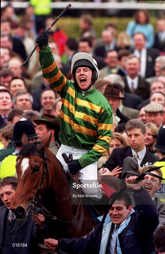 17 March 1998; Charlie Swan celebrates on Istabraq after winning the Smurfit Champion Hurdle during day one of the Cheltenham Racing Festival at Prestbury Park in Cheltenham, England. Photo by Matt Browne/Sportsfile