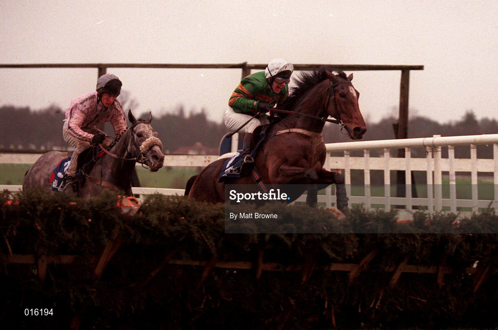 29 December 1998; Istabraq, with Charlie Swan, right, jump the last ahead of Shantarini, with Kieran Gaule up, on their way to winning the AIB Agri Business Hurdle during the Leopardstown Christmas Festival Day One at Leopardstown Racecourse in Dublin. Photo by Matt Browne/Sportsfile
