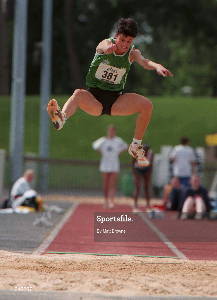 25 July 1998; Jacqui Stokes of Ferrybank A.C. performing her winning jump in the Women's Long Jump during the BLÉ National Track & Field Championships at Morton Stadium in Santry, Dublin. Photo by Matt Browne/Sportsfile
