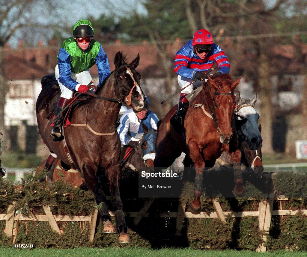 27 December 1997; Jodesi, with Mark Madden up, left, and Maryobee, with Charlie Swan up, clear the last during day two of the Leopardstown Christmas Festival at Leopardstown Racecourse in Dublin. Photo by Matt Browne/Sportsfile