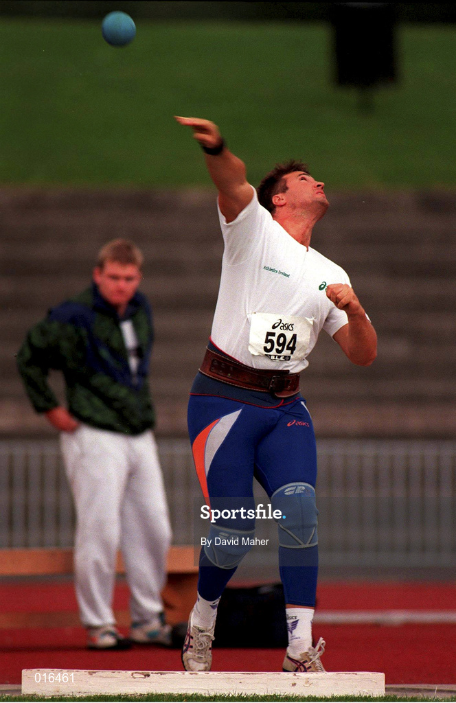 13 July 1997; Nick Sweeney competing in the Men's Shot Putt during the BLÉ National Track & Field Championships at Morton Stadium in Santry, Dublin. Photo by David Maher/Sportsfile