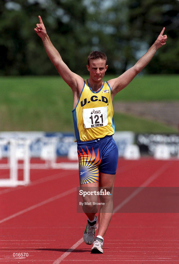 25 July 1998; Pierce O'Callaghan celebrates as he crosses the line to win the Men's 10000m racewalk during the BLÉ National Track & Field Championships at Morton Stadium in Santry, Dublin. Photo by Matt Browne/Sportsfile