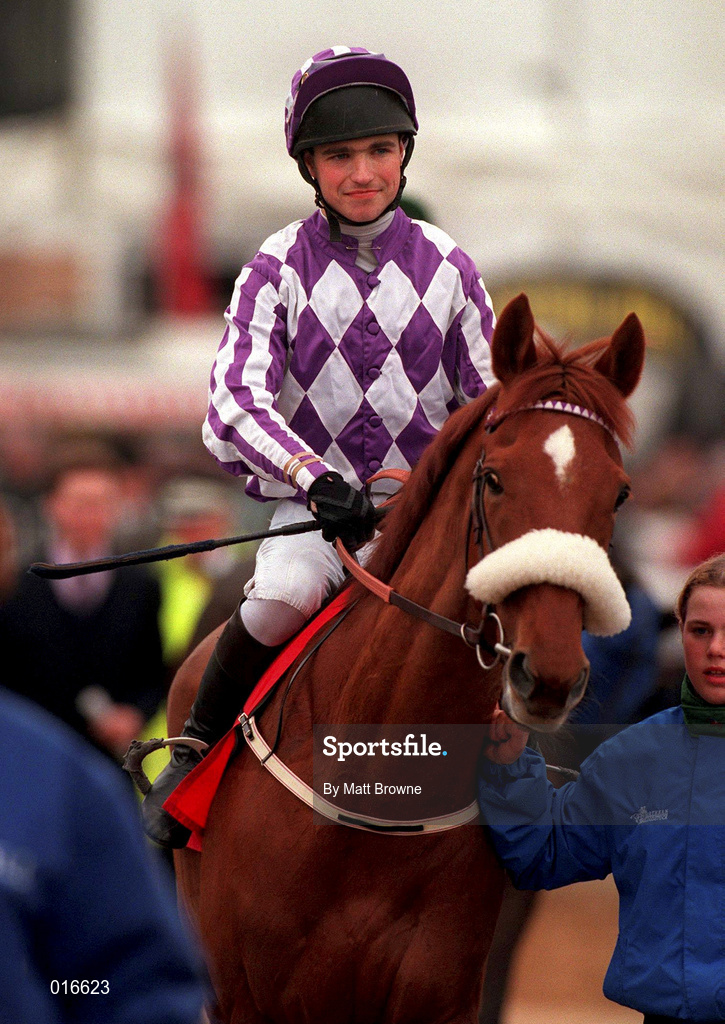 17 March 1998; Seamus Durack enters the parade ring on In Truth following the Challenge Cup Handicap Steeplechase during day one of the Cheltenham Racing Festival at Prestbury Park in Cheltenham, England. Photo by Matt Browne/Sportsfile