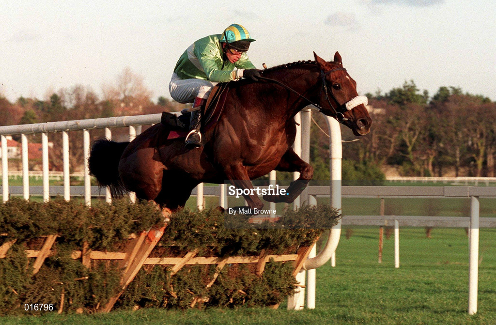28 December 1998; To Your Honour, with Francis Flood up, jump the last on their way to winning the O'Dwyers Stillorgan Orchard Novice Hurdle during the Leopardstown Christmas Festival Day Three at Leopardstown Racecourse in Dublin. Photo by Matt Browne/Sportsfile