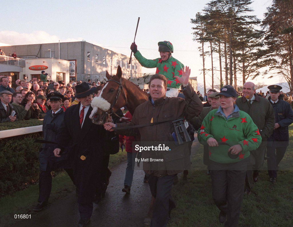 28 December 1998; Owner Tom Doran, centre, celebrates along with horse Dorans Pride and jockey Paul Carberry as they enter the parade ring after winning the Ericsson Steeplechase during the Leopardstown Christmas Festival Day Three at Leopardstown Racecourse in Dublin. Photo by Matt Browne/Sportsfile