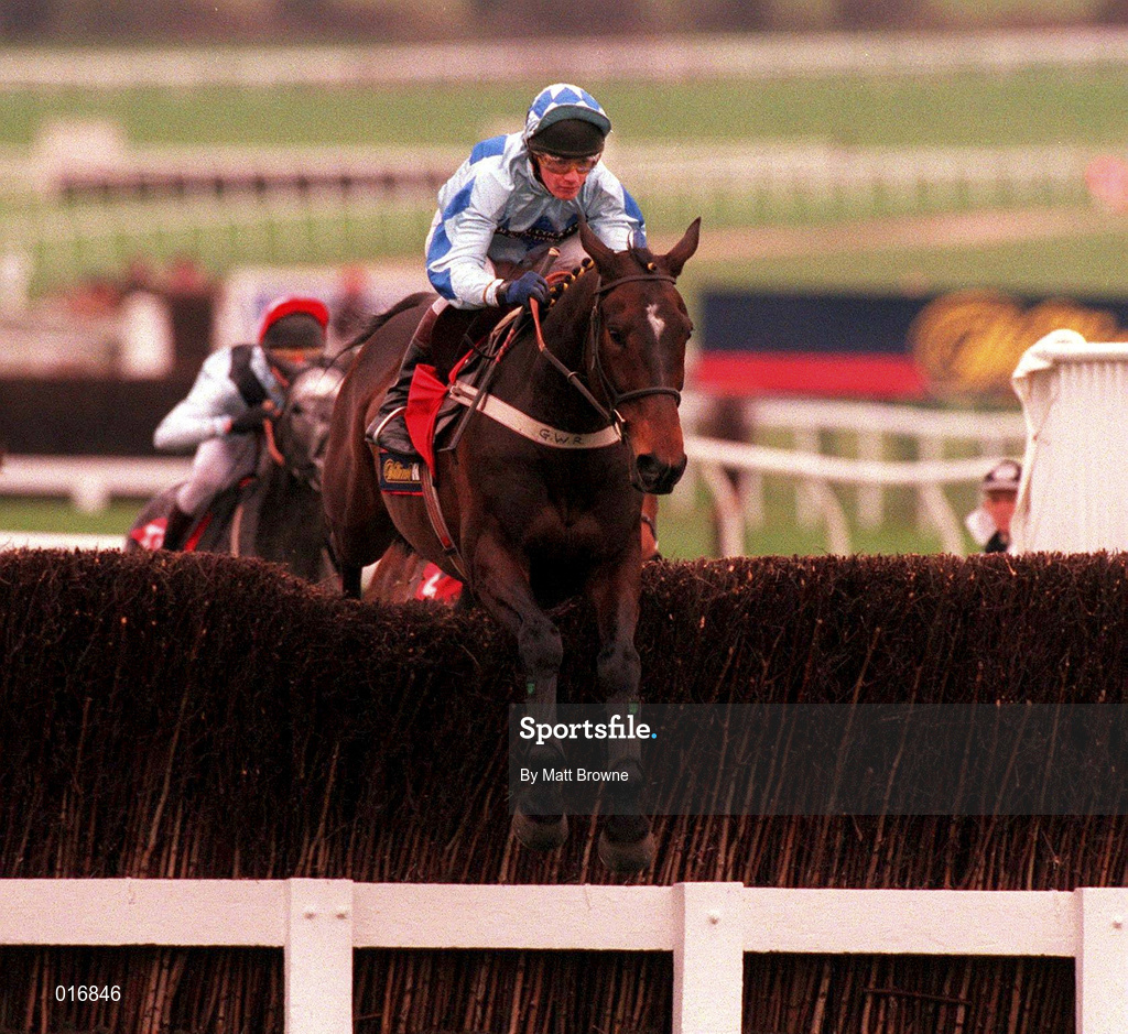 17 March 1998; Unguided Missile, with Anthony Dobbin up, clear the last on their way to winning the William Hill National Hunt Handicap Steeplechase during day one of the Cheltenham Racing Festival at Prestbury Park in Cheltenham, England. Photo by Matt Browne/Sportsfile
